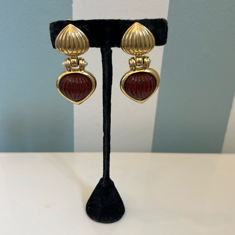 Vintage Ruby Red and Gold Earrings with Pearls, Clip on